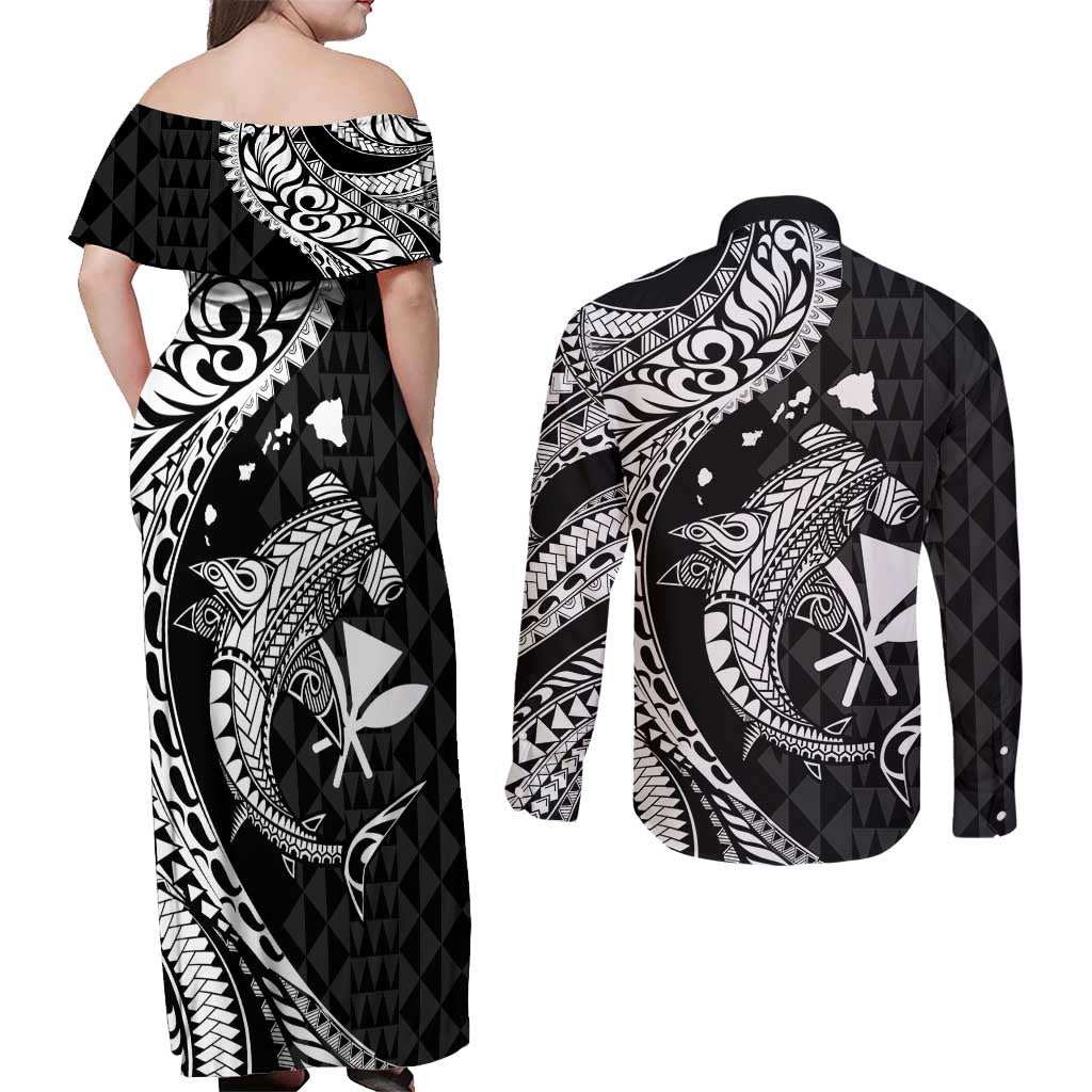 Aloha Hawaii Hammerhead Shark Couples Matching Off Shoulder Maxi Dress and Long Sleeve Button Shirt Black Kakau and Polynesian Tattoo LT03 - Polynesian Pride