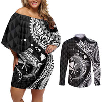 Aloha Hawaii Hammerhead Shark Couples Matching Off Shoulder Short Dress and Long Sleeve Button Shirt Black Kakau and Polynesian Tattoo LT03 Black - Polynesian Pride