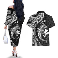 Aloha Hawaii Hammerhead Shark Couples Matching Off The Shoulder Long Sleeve Dress and Hawaiian Shirt Black Kakau and Polynesian Tattoo LT03 - Polynesian Pride