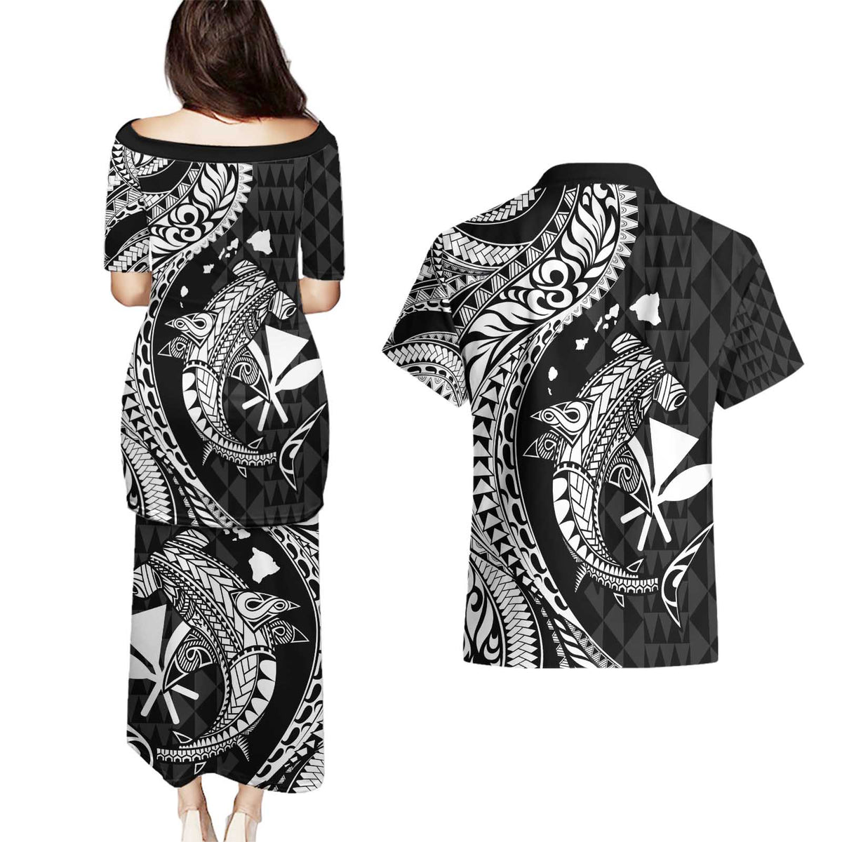 Aloha Hawaii Hammerhead Shark Couples Matching Puletasi and Hawaiian Shirt Black Kakau and Polynesian Tattoo LT03 - Polynesian Pride