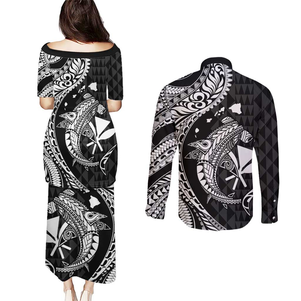 Aloha Hawaii Hammerhead Shark Couples Matching Puletasi and Long Sleeve Button Shirt Black Kakau and Polynesian Tattoo LT03 - Polynesian Pride