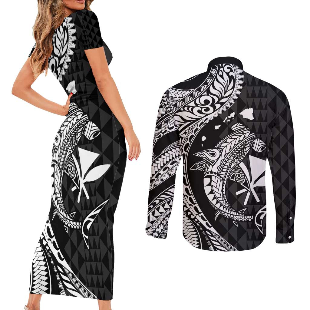 Aloha Hawaii Hammerhead Shark Couples Matching Short Sleeve Bodycon Dress and Long Sleeve Button Shirt Black Kakau and Polynesian Tattoo LT03 - Polynesian Pride