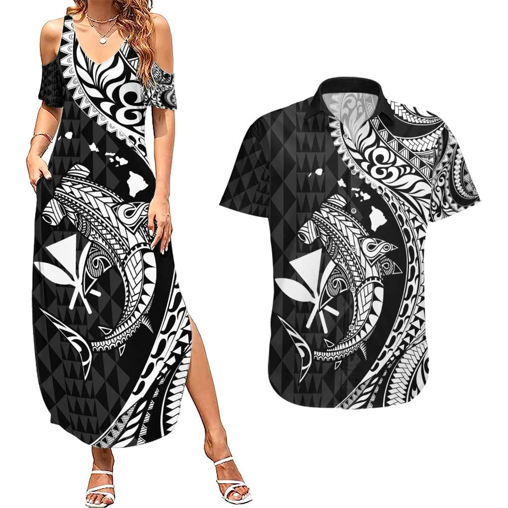 Aloha Hawaii Hammerhead Shark Couples Matching Summer Maxi Dress and Hawaiian Shirt Black Kakau and Polynesian Tattoo LT03 Black - Polynesian Pride
