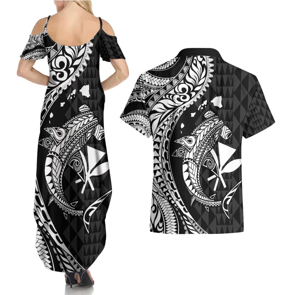 Aloha Hawaii Hammerhead Shark Couples Matching Summer Maxi Dress and Hawaiian Shirt Black Kakau and Polynesian Tattoo LT03 - Polynesian Pride