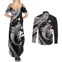Aloha Hawaii Hammerhead Shark Couples Matching Summer Maxi Dress and Long Sleeve Button Shirt Black Kakau and Polynesian Tattoo LT03 - Polynesian Pride