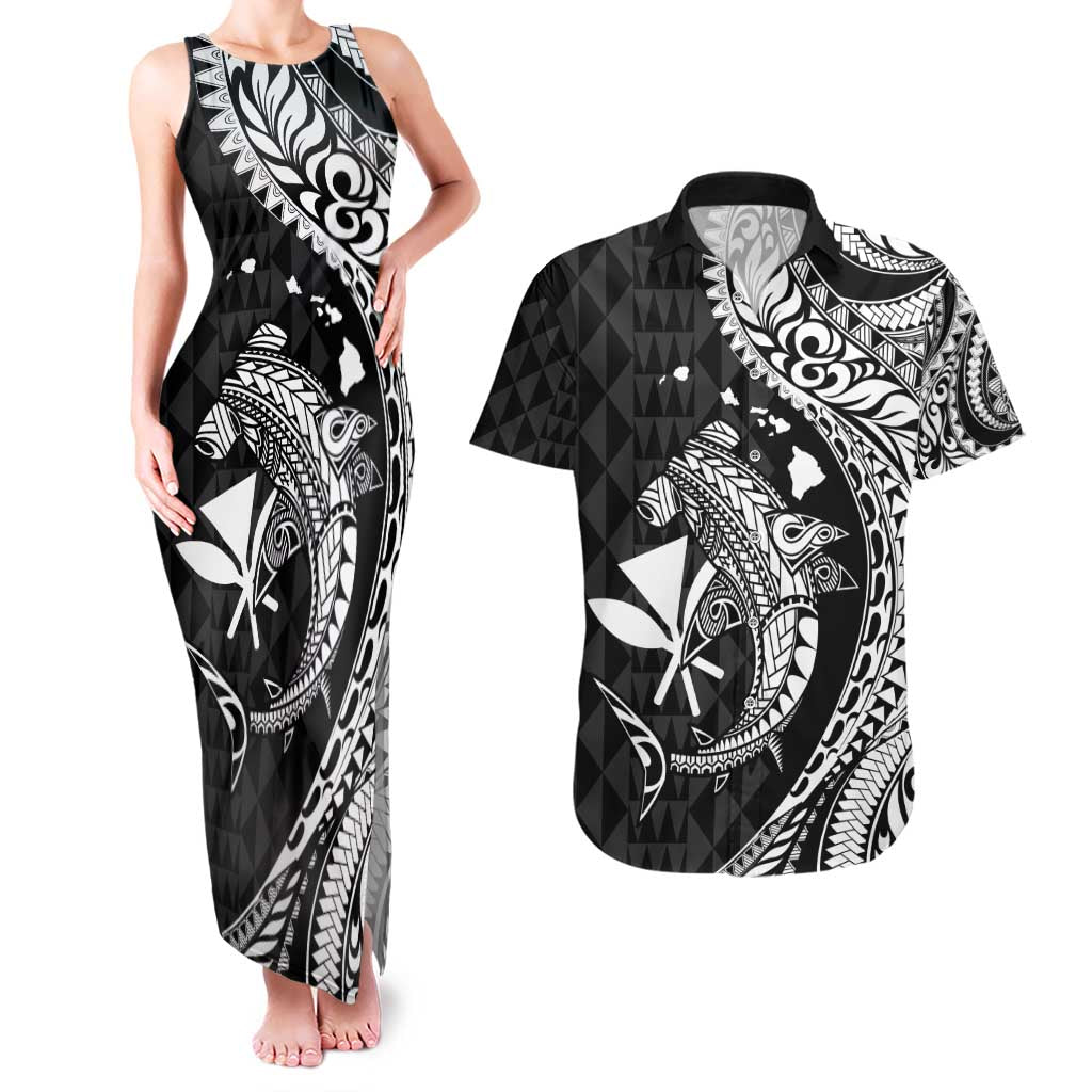 Aloha Hawaii Hammerhead Shark Couples Matching Tank Maxi Dress and Hawaiian Shirt Black Kakau and Polynesian Tattoo LT03 Black - Polynesian Pride