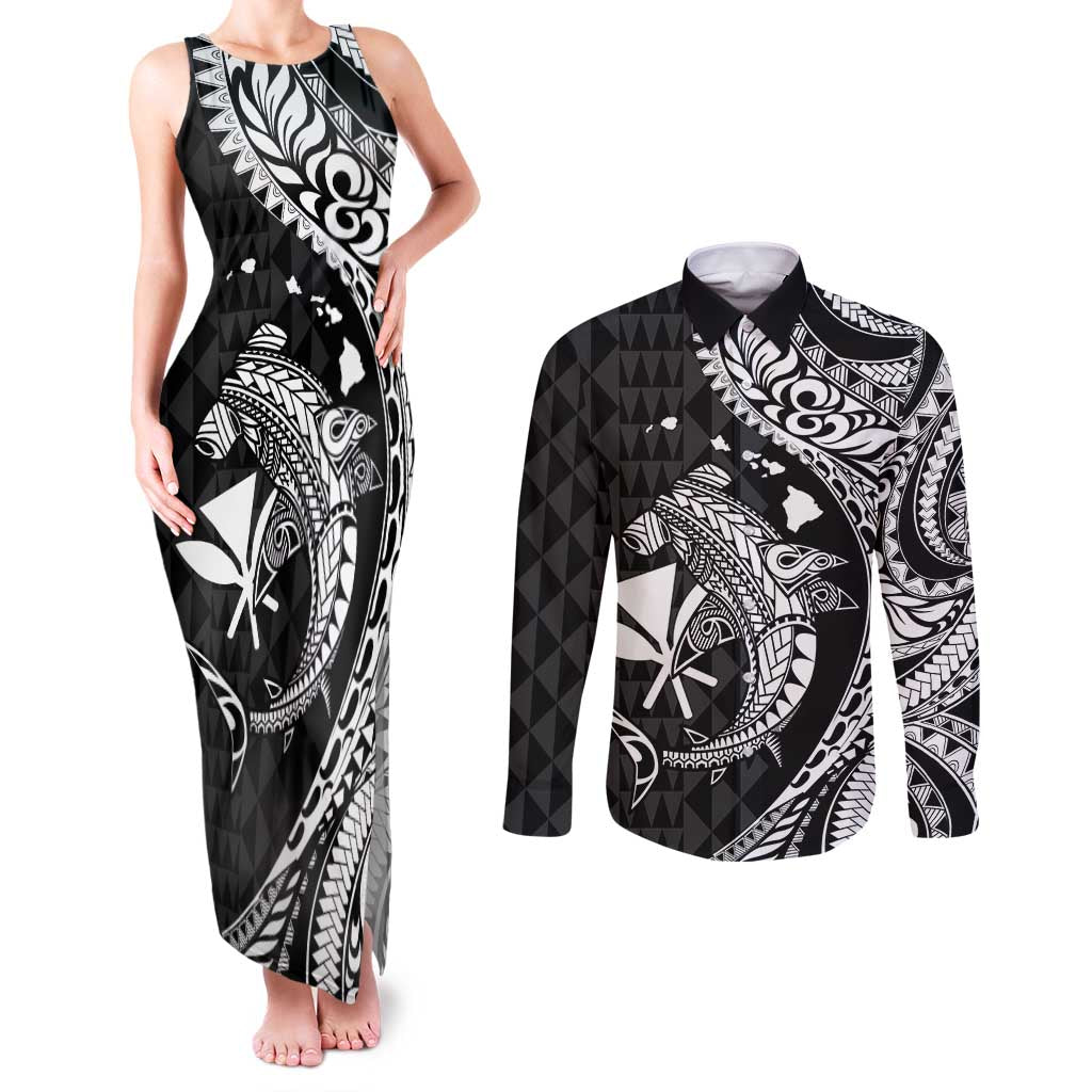 Aloha Hawaii Hammerhead Shark Couples Matching Tank Maxi Dress and Long Sleeve Button Shirt Black Kakau and Polynesian Tattoo LT03 Black - Polynesian Pride