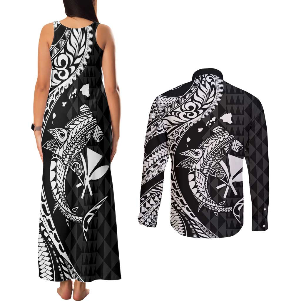 Aloha Hawaii Hammerhead Shark Couples Matching Tank Maxi Dress and Long Sleeve Button Shirt Black Kakau and Polynesian Tattoo LT03 - Polynesian Pride