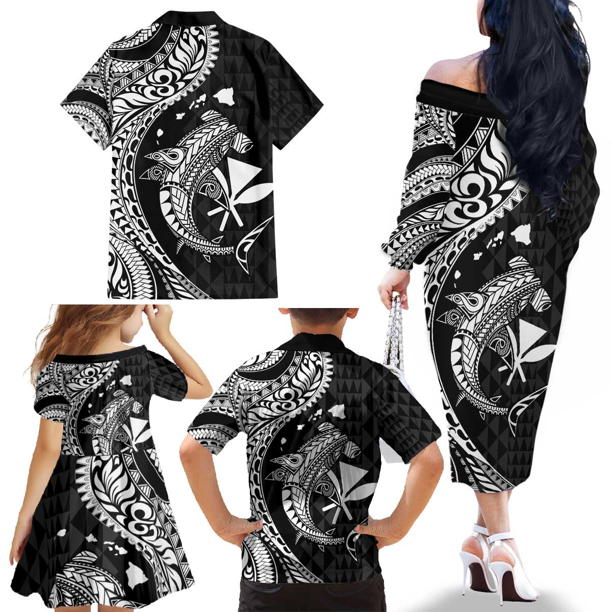 Aloha Hawaii Hammerhead Shark Family Matching Off The Shoulder Long Sleeve Dress and Hawaiian Shirt Black Kakau and Polynesian Tattoo LT03 - Polynesian Pride