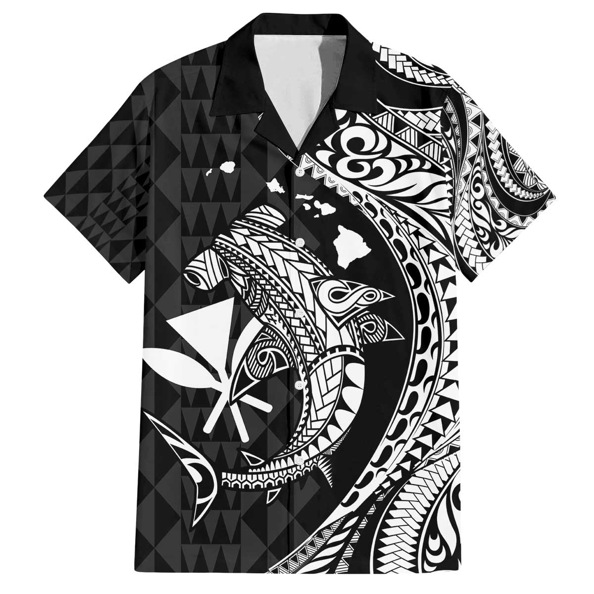 Aloha Hawaii Hammerhead Shark Family Matching Off The Shoulder Long Sleeve Dress and Hawaiian Shirt Black Kakau and Polynesian Tattoo LT03 Dad's Shirt - Short Sleeve Black - Polynesian Pride