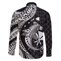 Aloha Hawaii Hammerhead Shark Family Matching Off The Shoulder Long Sleeve Dress and Hawaiian Shirt Black Kakau and Polynesian Tattoo LT03 - Polynesian Pride