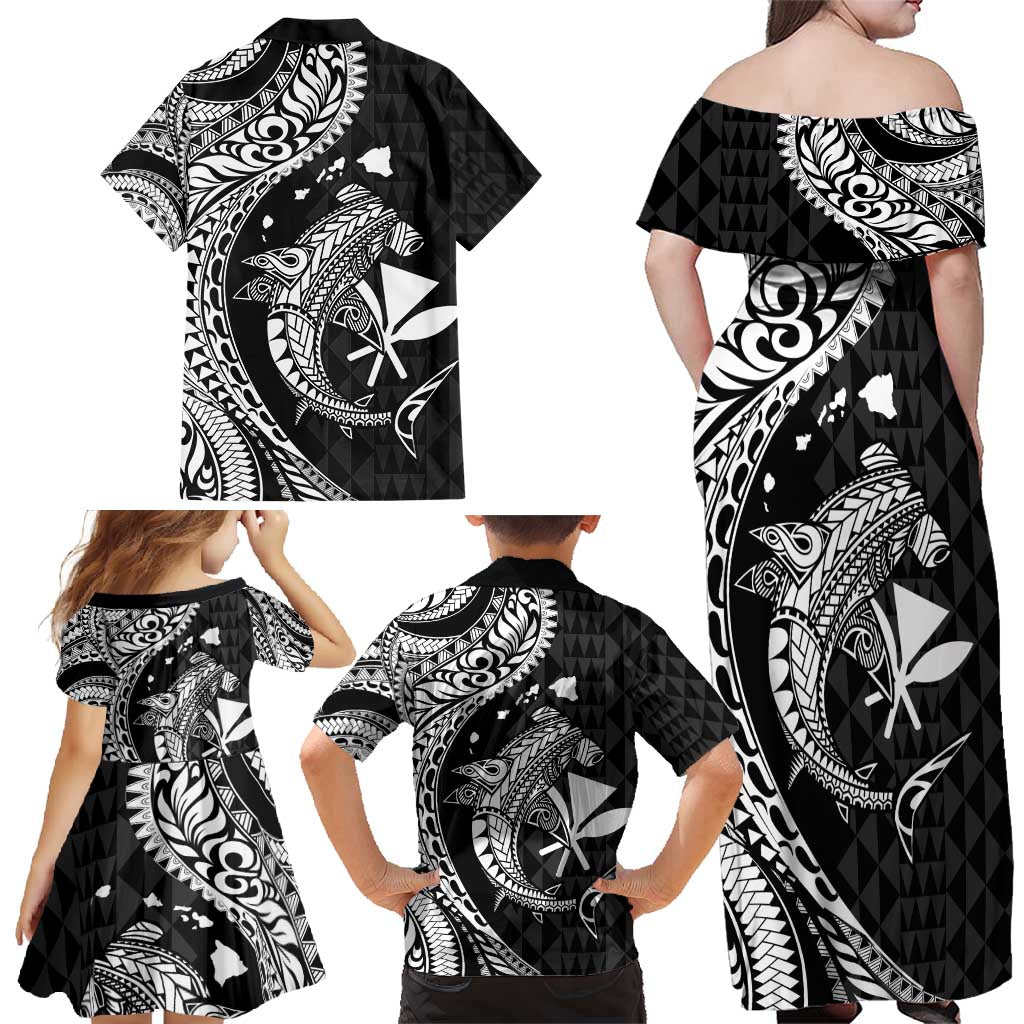 Aloha Hawaii Hammerhead Shark Family Matching Off Shoulder Maxi Dress and Hawaiian Shirt Black Kakau and Polynesian Tattoo LT03 - Polynesian Pride