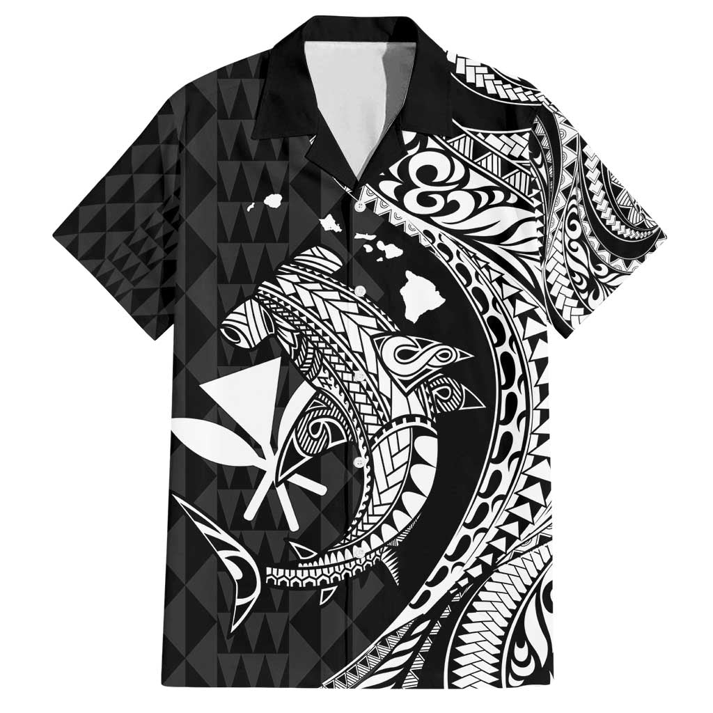 Aloha Hawaii Hammerhead Shark Family Matching Off Shoulder Maxi Dress and Hawaiian Shirt Black Kakau and Polynesian Tattoo LT03 Dad's Shirt - Short Sleeve Black - Polynesian Pride