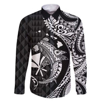 Aloha Hawaii Hammerhead Shark Family Matching Off Shoulder Maxi Dress and Hawaiian Shirt Black Kakau and Polynesian Tattoo LT03 Dad's Shirt - Long Sleeve Black - Polynesian Pride