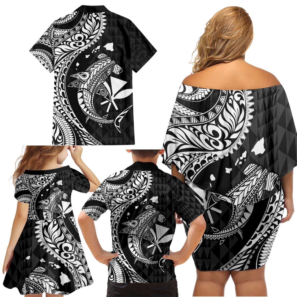 Aloha Hawaii Hammerhead Shark Family Matching Off Shoulder Short Dress and Hawaiian Shirt Black Kakau and Polynesian Tattoo LT03 - Polynesian Pride