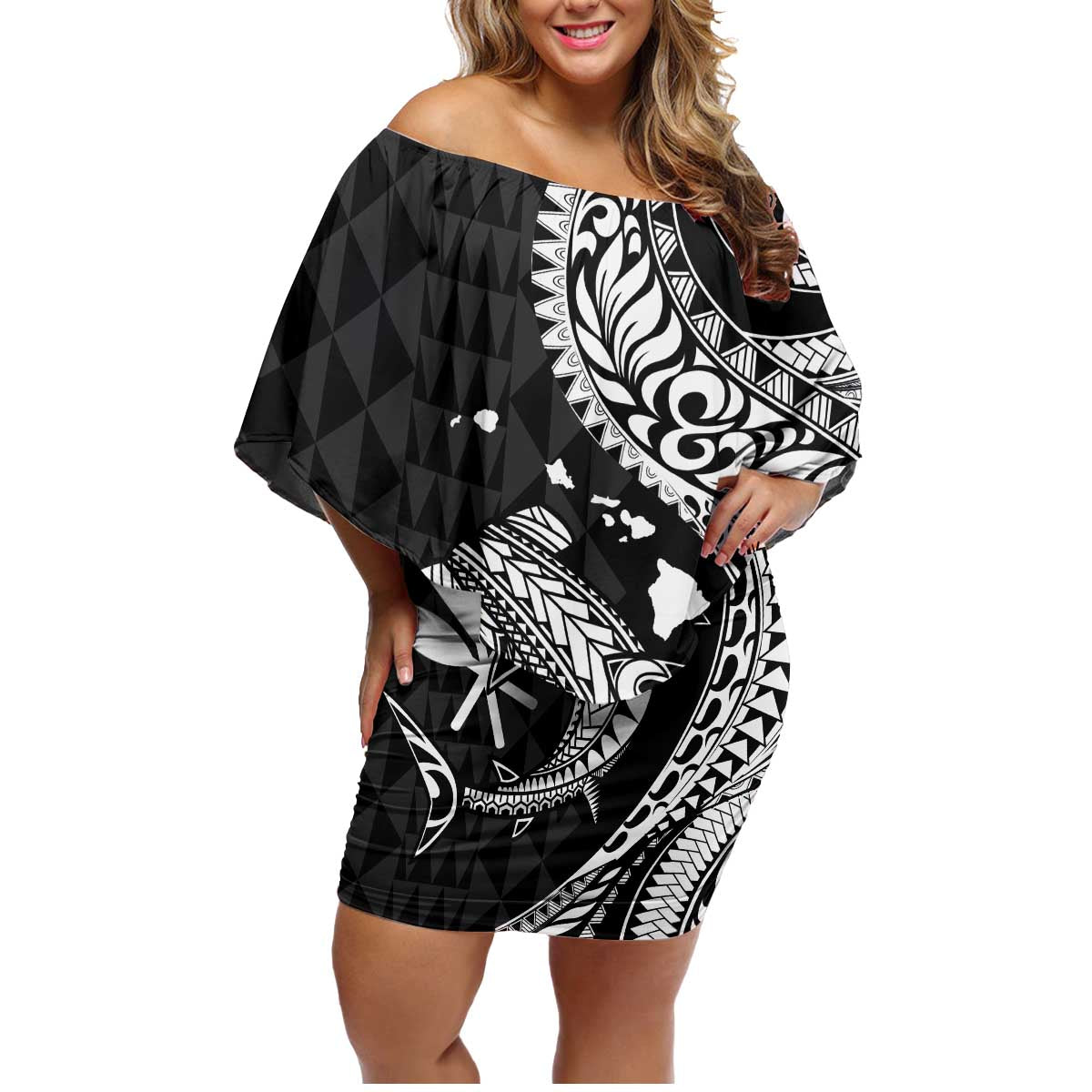 Aloha Hawaii Hammerhead Shark Family Matching Off Shoulder Short Dress and Hawaiian Shirt Black Kakau and Polynesian Tattoo LT03 Mom's Dress Black - Polynesian Pride