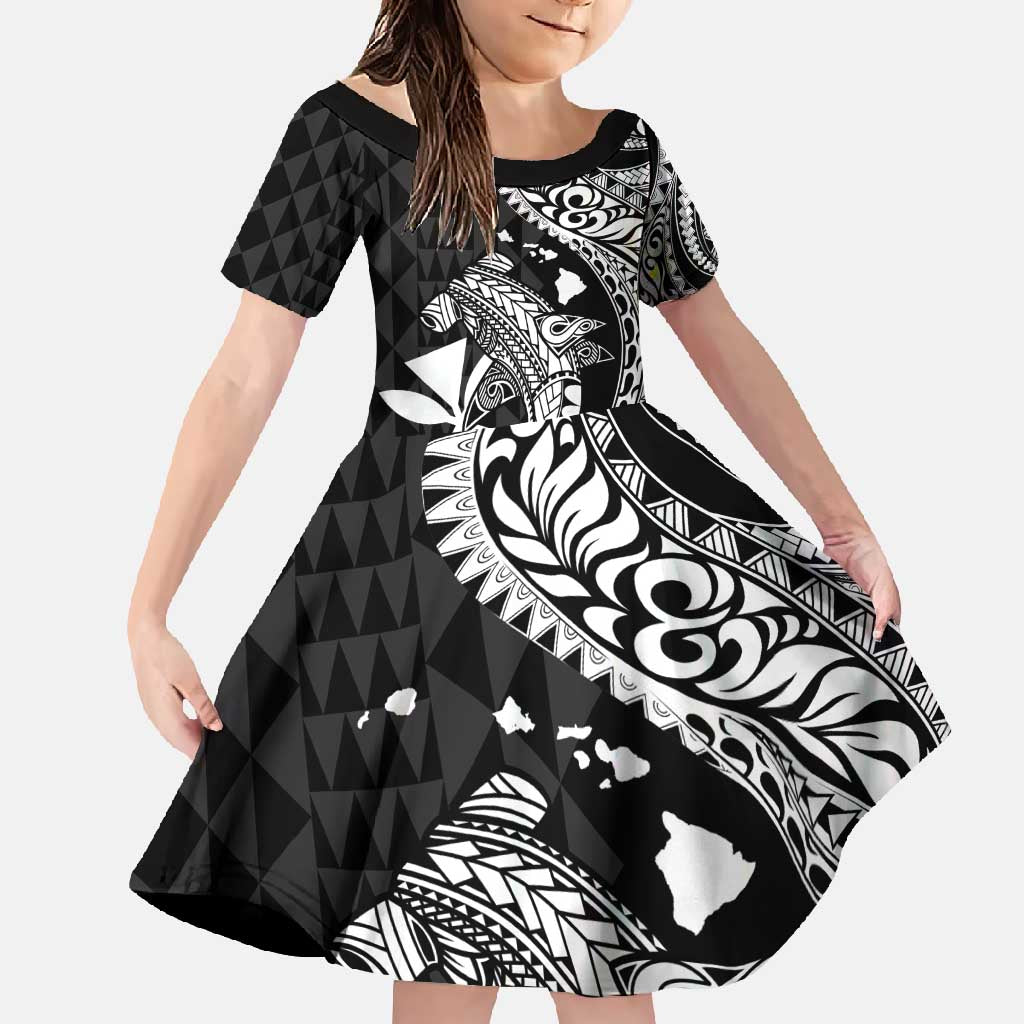 Aloha Hawaii Hammerhead Shark Family Matching Summer Maxi Dress and Hawaiian Shirt Black Kakau and Polynesian Tattoo LT03 Daughter's Dress Black - Polynesian Pride