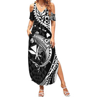 Aloha Hawaii Hammerhead Shark Family Matching Summer Maxi Dress and Hawaiian Shirt Black Kakau and Polynesian Tattoo LT03 Mom's Dress Black - Polynesian Pride