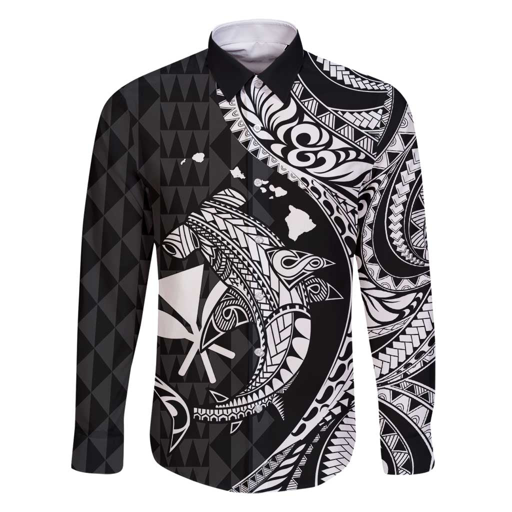 Aloha Hawaii Hammerhead Shark Family Matching Tank Maxi Dress and Hawaiian Shirt Black Kakau and Polynesian Tattoo LT03 Dad's Shirt - Long Sleeve Black - Polynesian Pride