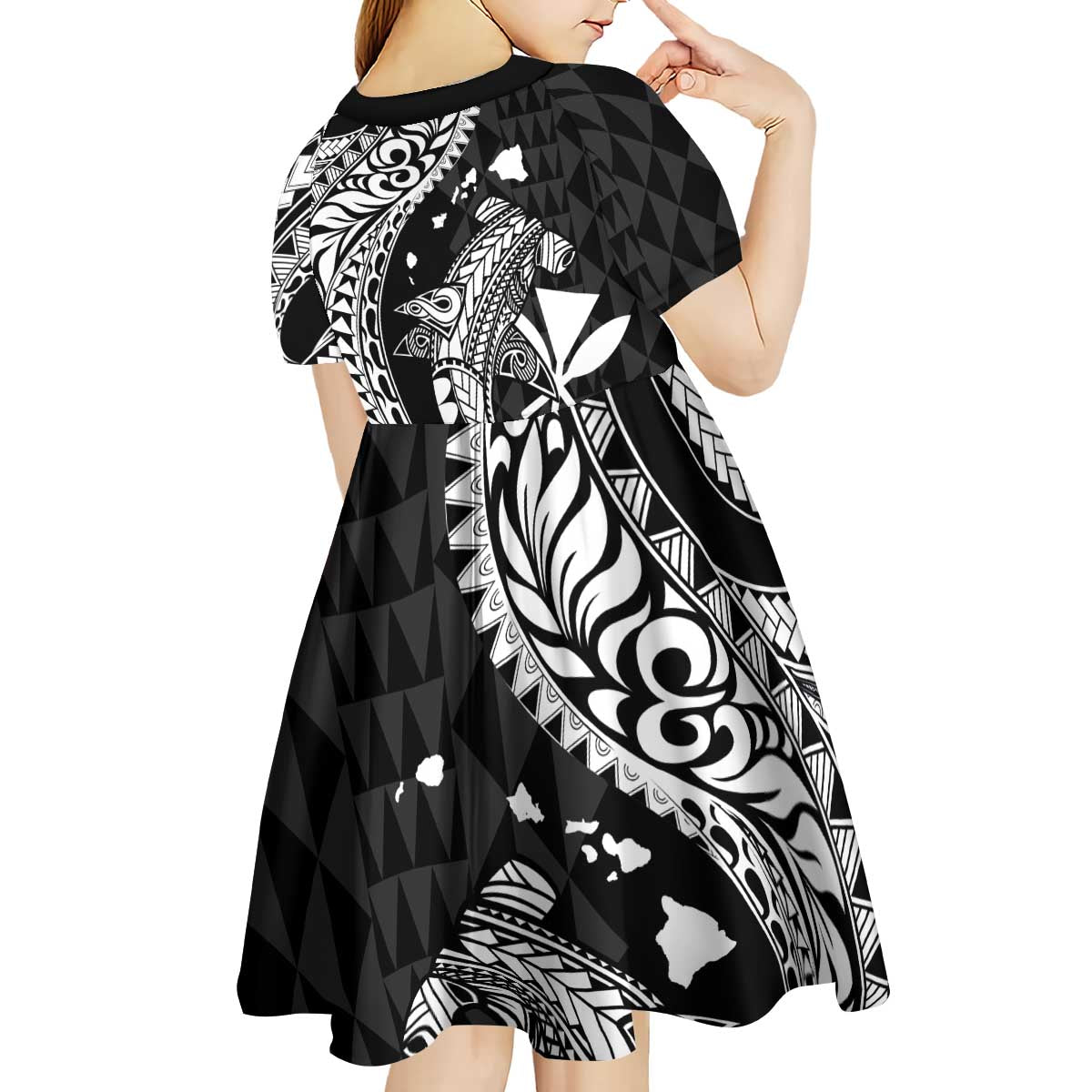 Aloha Hawaii Hammerhead Shark Kid Short Sleeve Dress Black Kakau and Polynesian Tattoo LT03