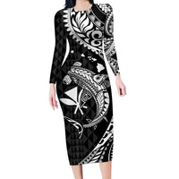 Aloha Hawaii Hammerhead Shark Long Sleeve Bodycon Dress Black Kakau and Polynesian Tattoo LT03 Long Dress Black - Polynesian Pride
