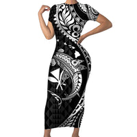 Aloha Hawaii Hammerhead Shark Short Sleeve Bodycon Dress Black Kakau and Polynesian Tattoo LT03 Long Dress Black - Polynesian Pride
