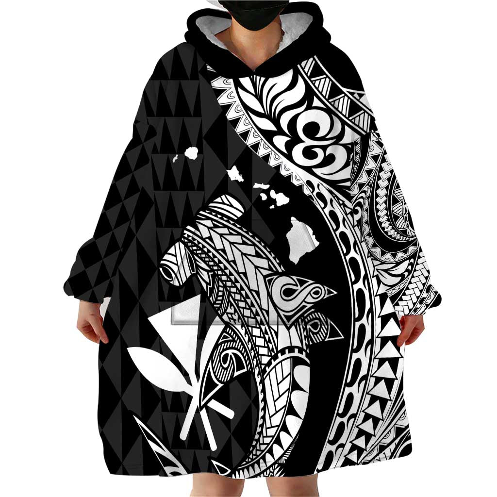 Aloha Hawaii Hammerhead Shark Wearable Blanket Hoodie Black Kakau and Polynesian Tattoo LT03 - Polynesian Pride