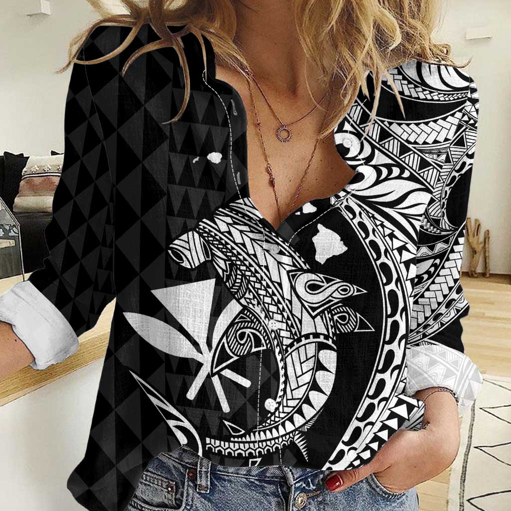 Aloha Hawaii Hammerhead Shark Women Casual Shirt Black Kakau and Polynesian Tattoo LT03 Female Black - Polynesian Pride
