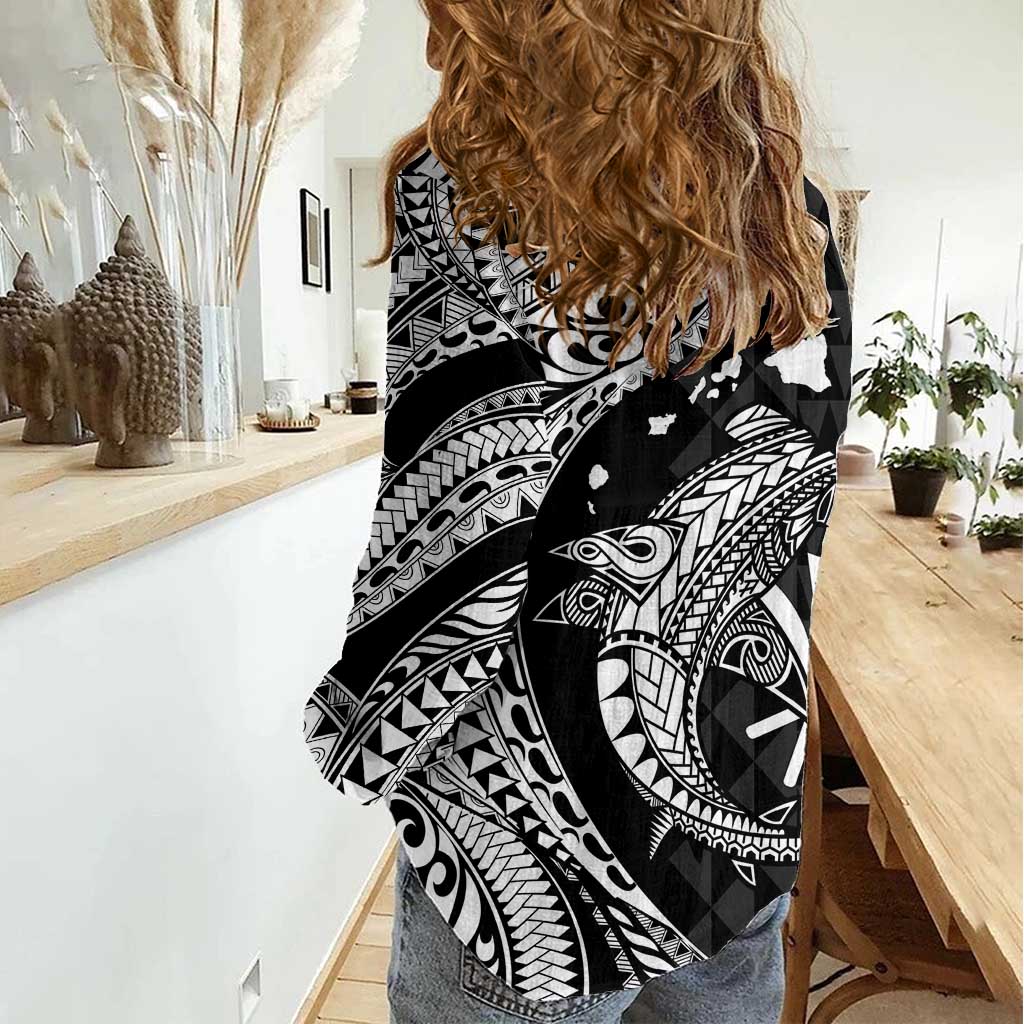 Aloha Hawaii Hammerhead Shark Women Casual Shirt Black Kakau and Polynesian Tattoo LT03 - Polynesian Pride