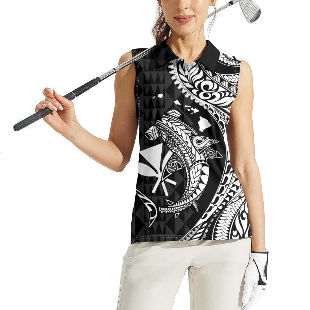 Aloha Hawaii Hammerhead Shark Women Sleeveless Polo Shirt Black Kakau and Polynesian Tattoo LT03 - Polynesian Pride