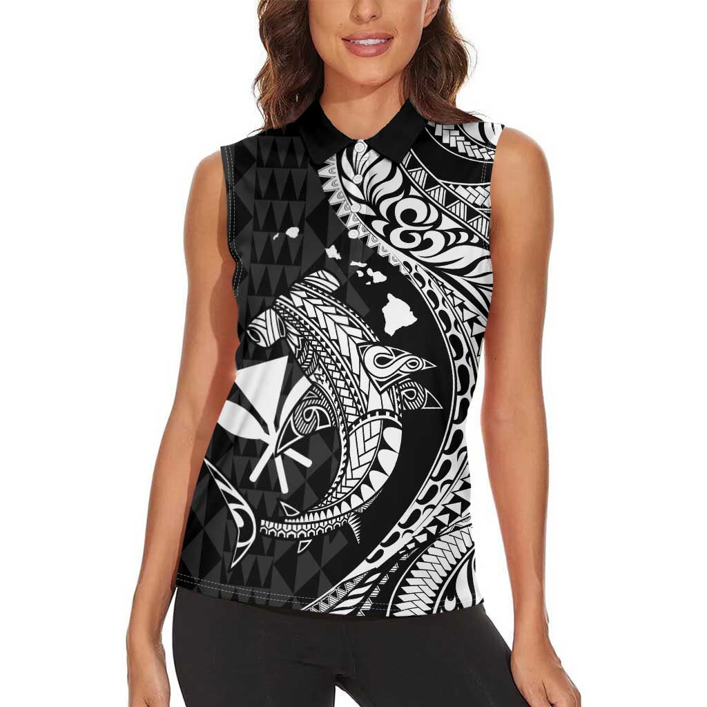 Aloha Hawaii Hammerhead Shark Women Sleeveless Polo Shirt Black Kakau and Polynesian Tattoo LT03 - Polynesian Pride