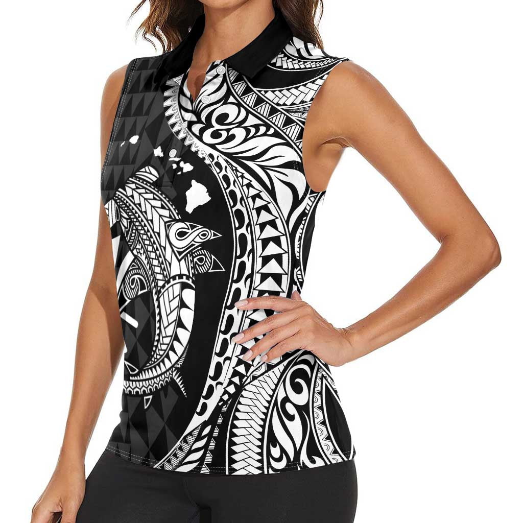 Aloha Hawaii Hammerhead Shark Women Sleeveless Polo Shirt Black Kakau and Polynesian Tattoo LT03 - Polynesian Pride