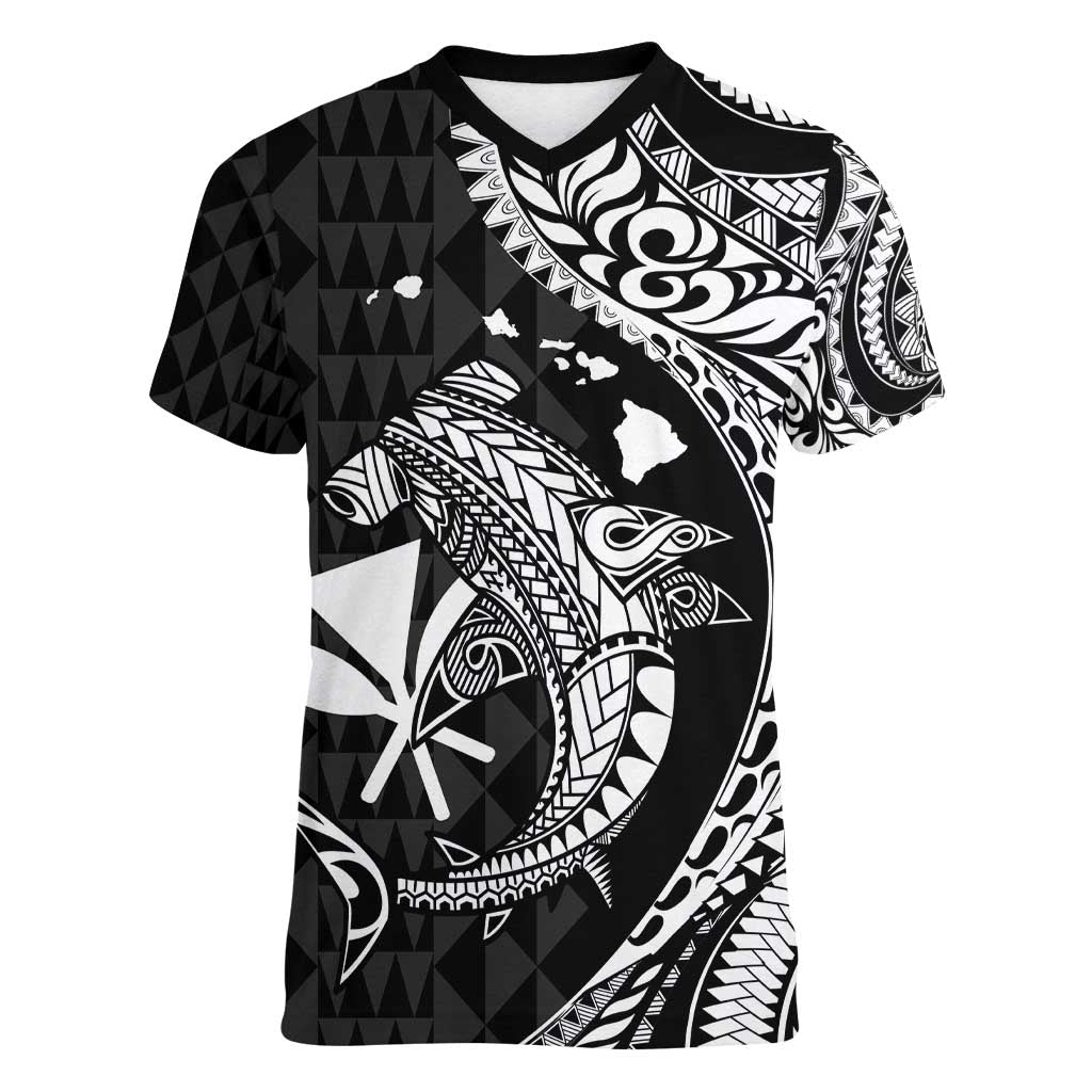 Aloha Hawaii Hammerhead Shark Women V-Neck T-Shirt Black Kakau and Polynesian Tattoo LT03 Female Black - Polynesian Pride