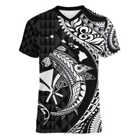Aloha Hawaii Hammerhead Shark Women V-Neck T-Shirt Black Kakau and Polynesian Tattoo LT03 Female Black - Polynesian Pride
