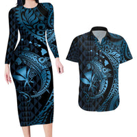 Aloha Hawaii Hammerhead Shark Couples Matching Long Sleeve Bodycon Dress and Hawaiian Shirt Blue Kakau and Polynesian Tattoo LT03 Blue - Polynesian Pride