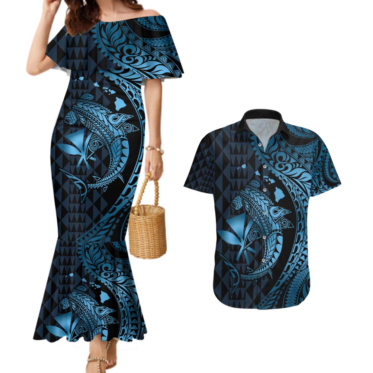 Aloha Hawaii Hammerhead Shark Couples Matching Mermaid Dress and Hawaiian Shirt Blue Kakau and Polynesian Tattoo LT03 Blue - Polynesian Pride