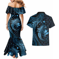 Aloha Hawaii Hammerhead Shark Couples Matching Mermaid Dress and Hawaiian Shirt Blue Kakau and Polynesian Tattoo LT03 - Polynesian Pride