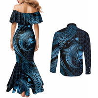 Aloha Hawaii Hammerhead Shark Couples Matching Mermaid Dress and Long Sleeve Button Shirt Blue Kakau and Polynesian Tattoo LT03 - Polynesian Pride