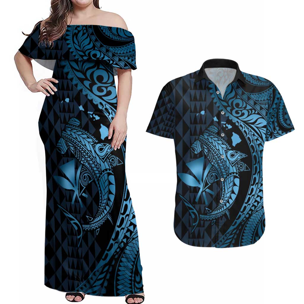 Aloha Hawaii Hammerhead Shark Couples Matching Off Shoulder Maxi Dress and Hawaiian Shirt Blue Kakau and Polynesian Tattoo LT03 Blue - Polynesian Pride