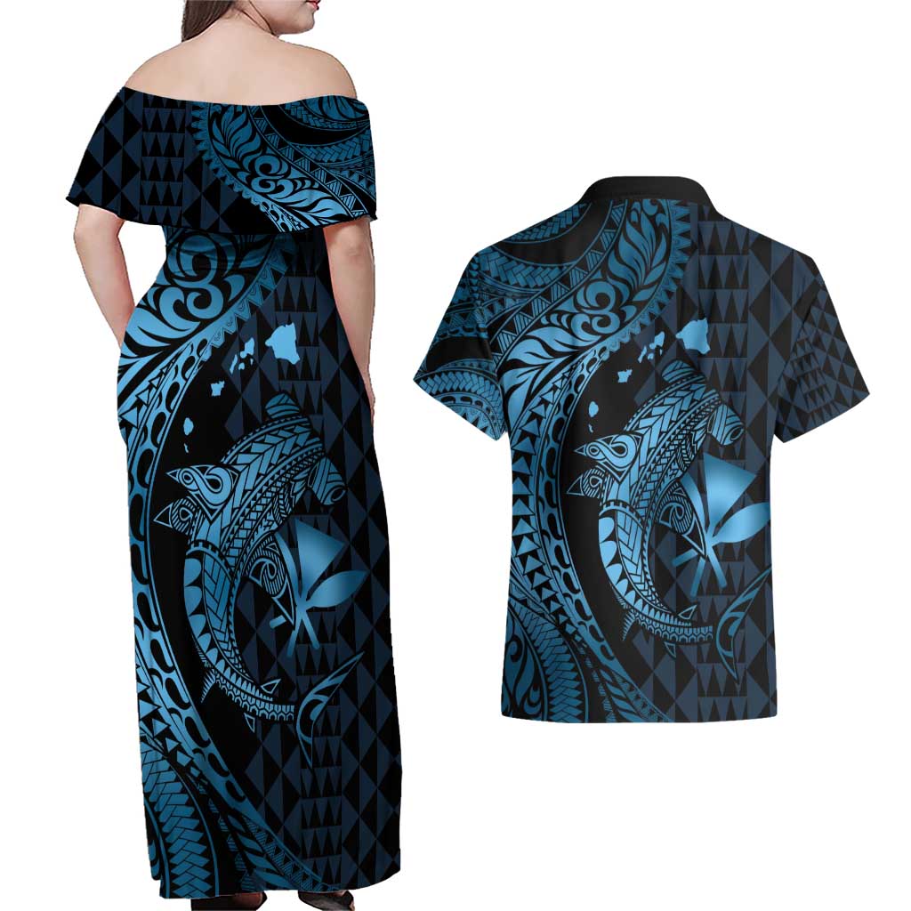 Aloha Hawaii Hammerhead Shark Couples Matching Off Shoulder Maxi Dress and Hawaiian Shirt Blue Kakau and Polynesian Tattoo LT03 - Polynesian Pride