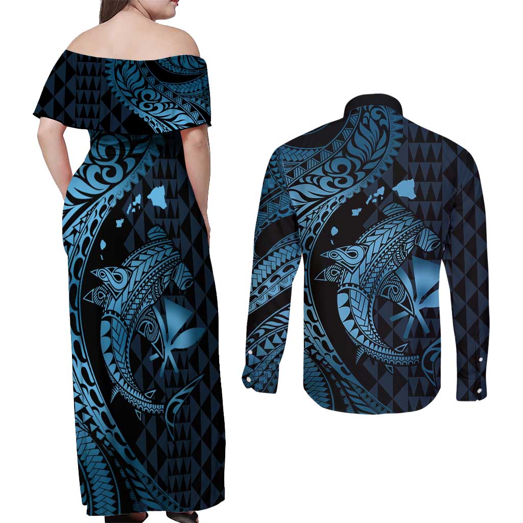 Aloha Hawaii Hammerhead Shark Couples Matching Off Shoulder Maxi Dress and Long Sleeve Button Shirt Blue Kakau and Polynesian Tattoo LT03 - Polynesian Pride