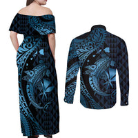 Aloha Hawaii Hammerhead Shark Couples Matching Off Shoulder Maxi Dress and Long Sleeve Button Shirt Blue Kakau and Polynesian Tattoo LT03 - Polynesian Pride