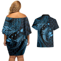 Aloha Hawaii Hammerhead Shark Couples Matching Off Shoulder Short Dress and Hawaiian Shirt Blue Kakau and Polynesian Tattoo LT03 - Polynesian Pride