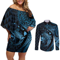 Aloha Hawaii Hammerhead Shark Couples Matching Off Shoulder Short Dress and Long Sleeve Button Shirt Blue Kakau and Polynesian Tattoo LT03 Blue - Polynesian Pride