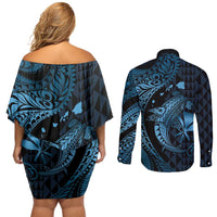 Aloha Hawaii Hammerhead Shark Couples Matching Off Shoulder Short Dress and Long Sleeve Button Shirt Blue Kakau and Polynesian Tattoo LT03 - Polynesian Pride