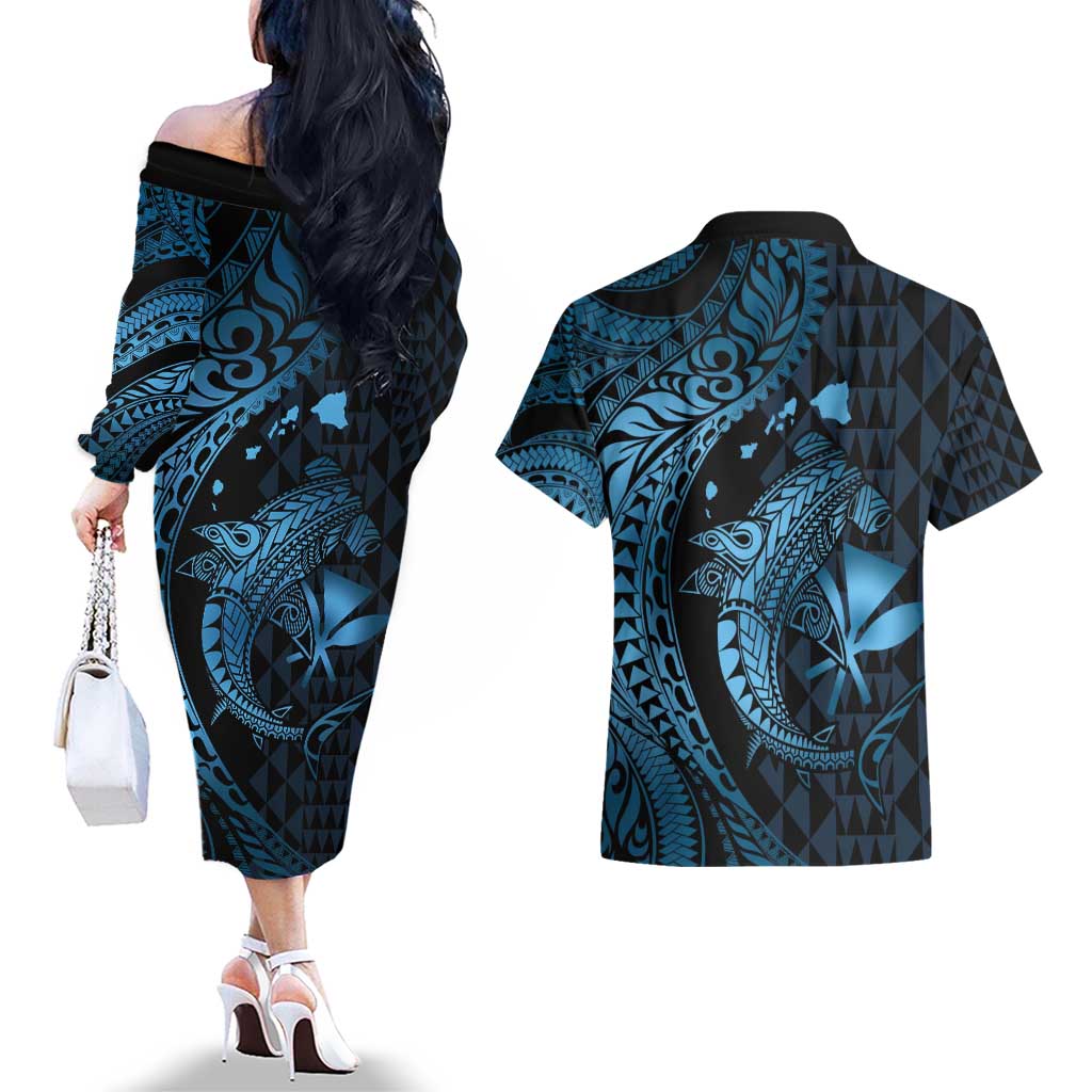 Aloha Hawaii Hammerhead Shark Couples Matching Off The Shoulder Long Sleeve Dress and Hawaiian Shirt Blue Kakau and Polynesian Tattoo LT03 - Polynesian Pride