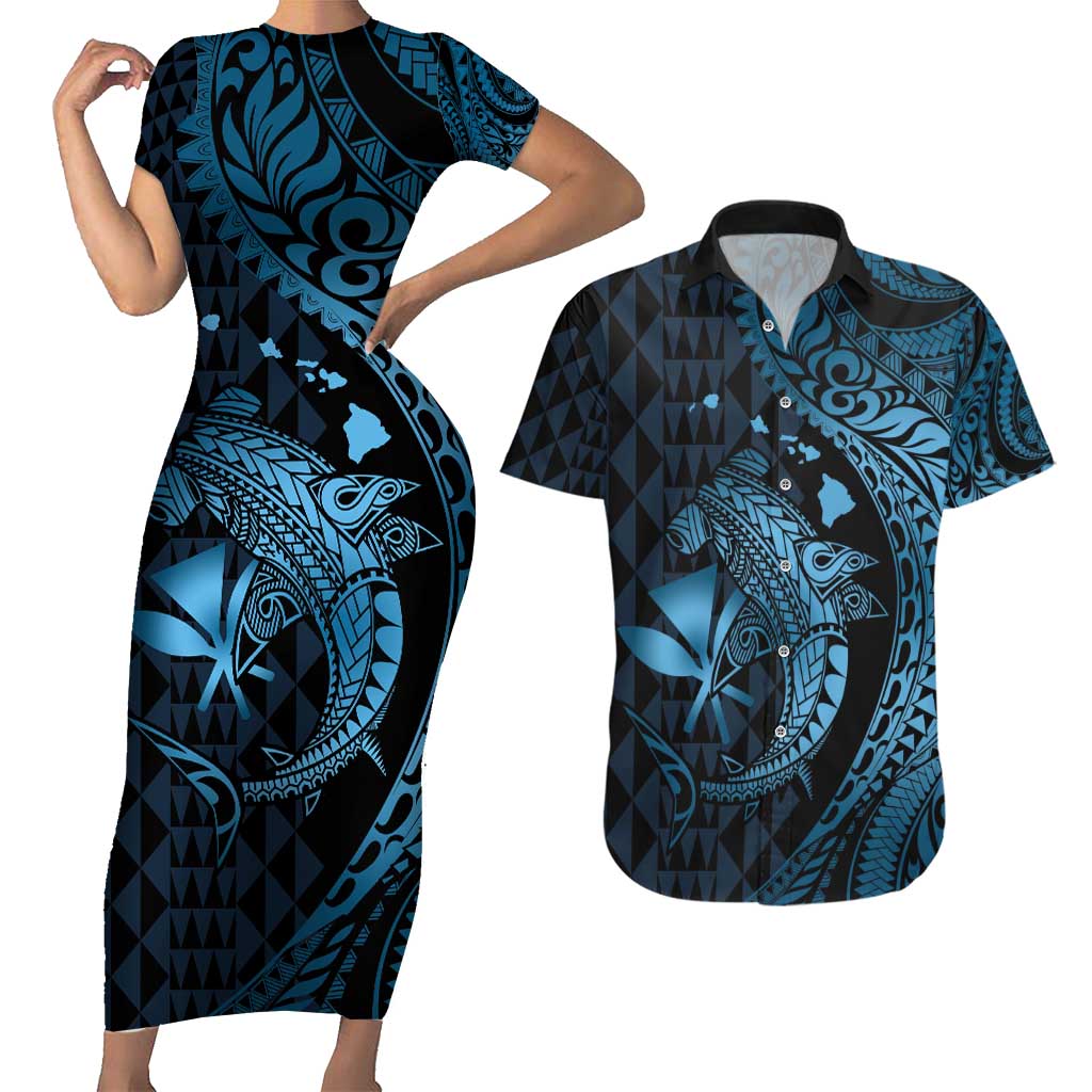 Aloha Hawaii Hammerhead Shark Couples Matching Short Sleeve Bodycon Dress and Hawaiian Shirt Blue Kakau and Polynesian Tattoo LT03 Blue - Polynesian Pride