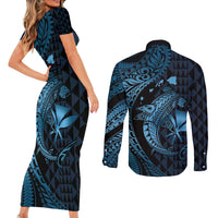Aloha Hawaii Hammerhead Shark Couples Matching Short Sleeve Bodycon Dress and Long Sleeve Button Shirt Blue Kakau and Polynesian Tattoo LT03 - Polynesian Pride