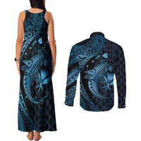 Aloha Hawaii Hammerhead Shark Couples Matching Tank Maxi Dress and Long Sleeve Button Shirt Blue Kakau and Polynesian Tattoo LT03 - Polynesian Pride