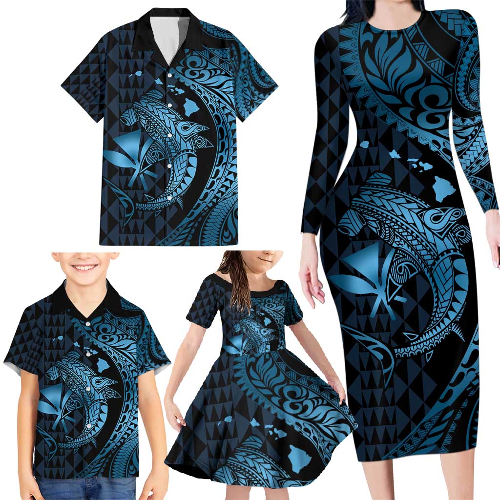 Aloha Hawaii Hammerhead Shark Family Matching Long Sleeve Bodycon Dress and Hawaiian Shirt Blue Kakau and Polynesian Tattoo LT03 - Polynesian Pride